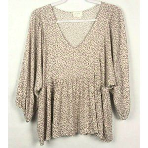 Everly Top Womens Small Floral Ruffle Hem 3/4 Balloon Sleeve V neck Boho Peasant